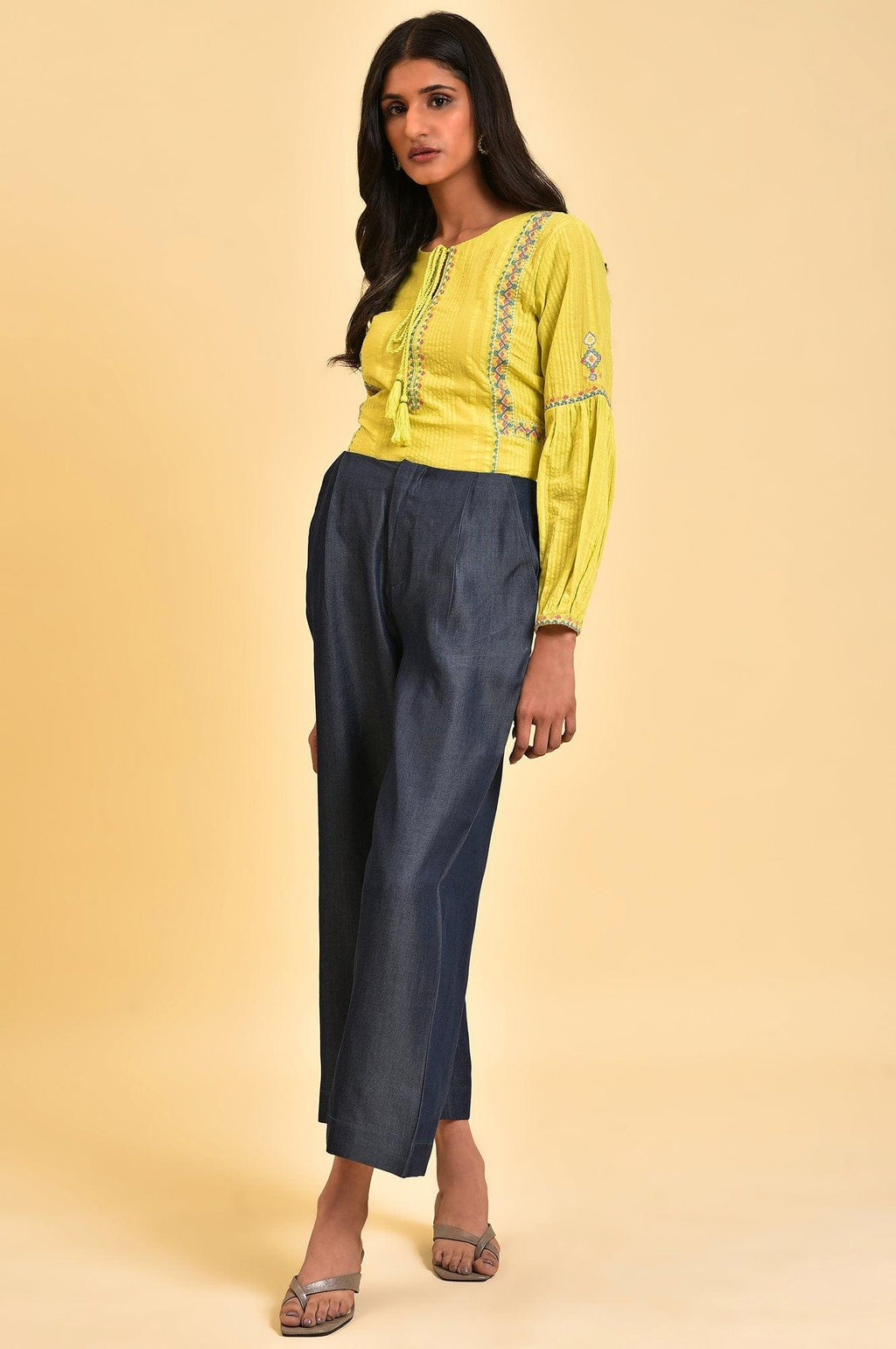 W for Woman Lime Yellow Seer Sucker Printed Top | Grocsy