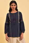 W for Woman Navy Embroidered A-Line Western Top | Grocsy