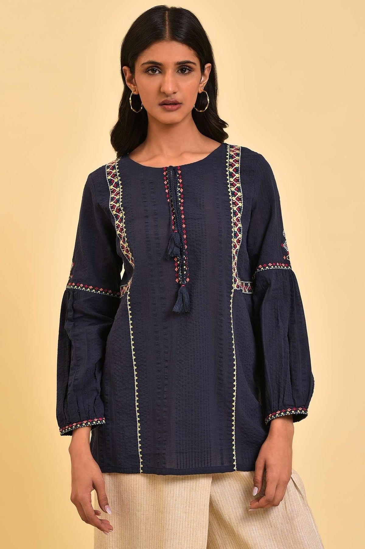 W for Woman Navy Embroidered A-Line Western Top | Grocsy