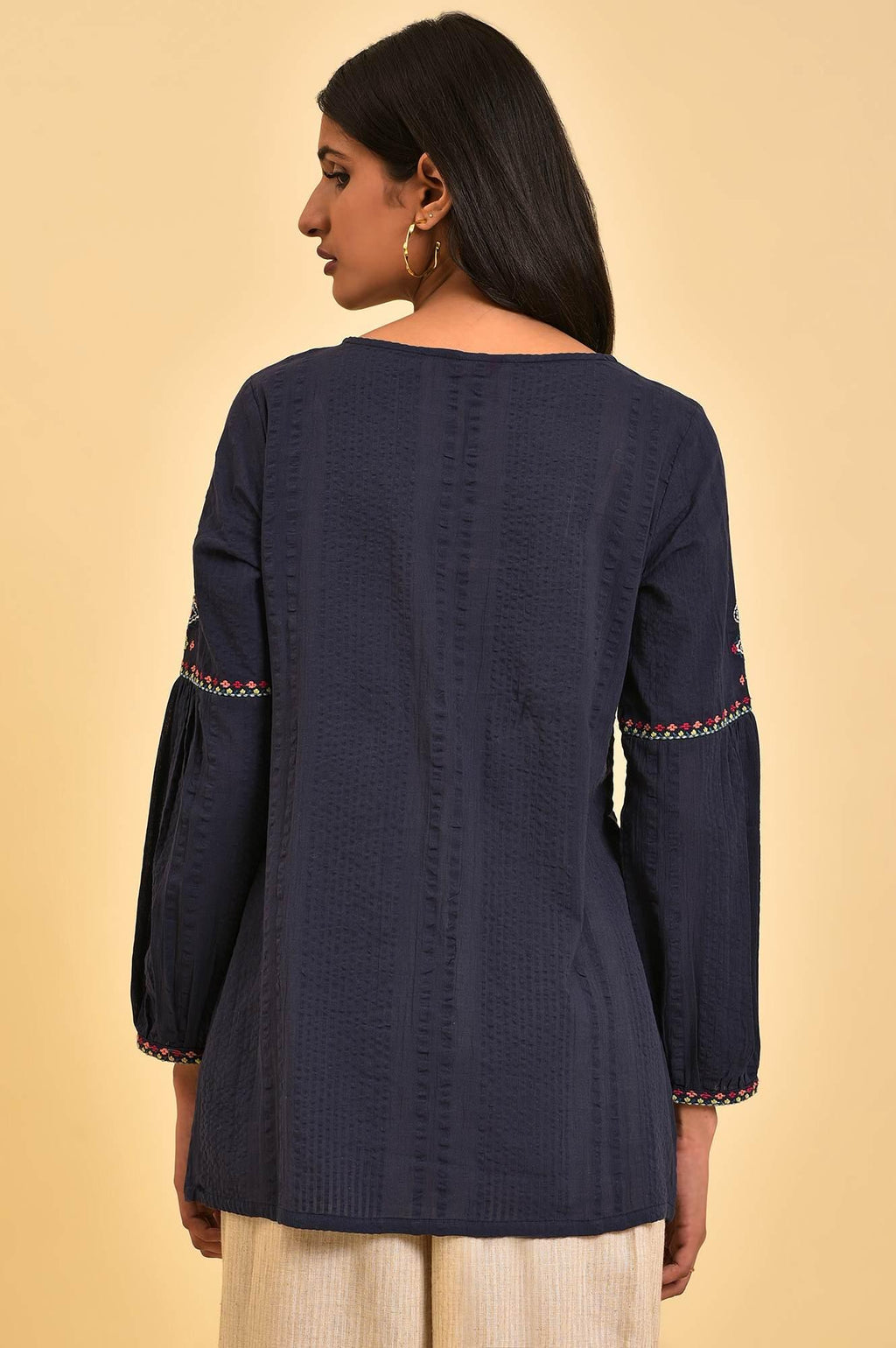 W for Woman Navy Embroidered A-Line Western Top | Grocsy