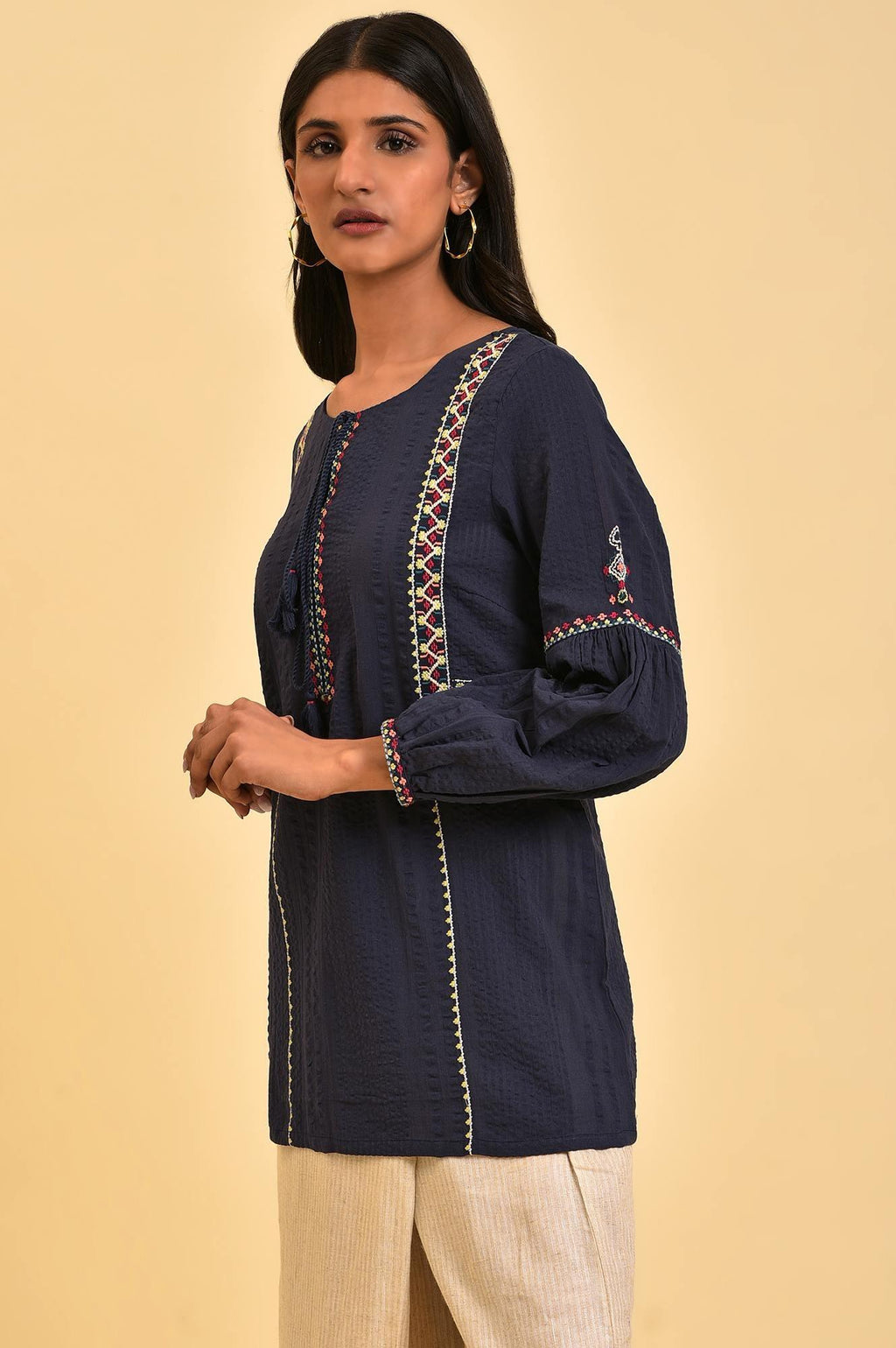 W for Woman Navy Embroidered A-Line Western Top | Grocsy