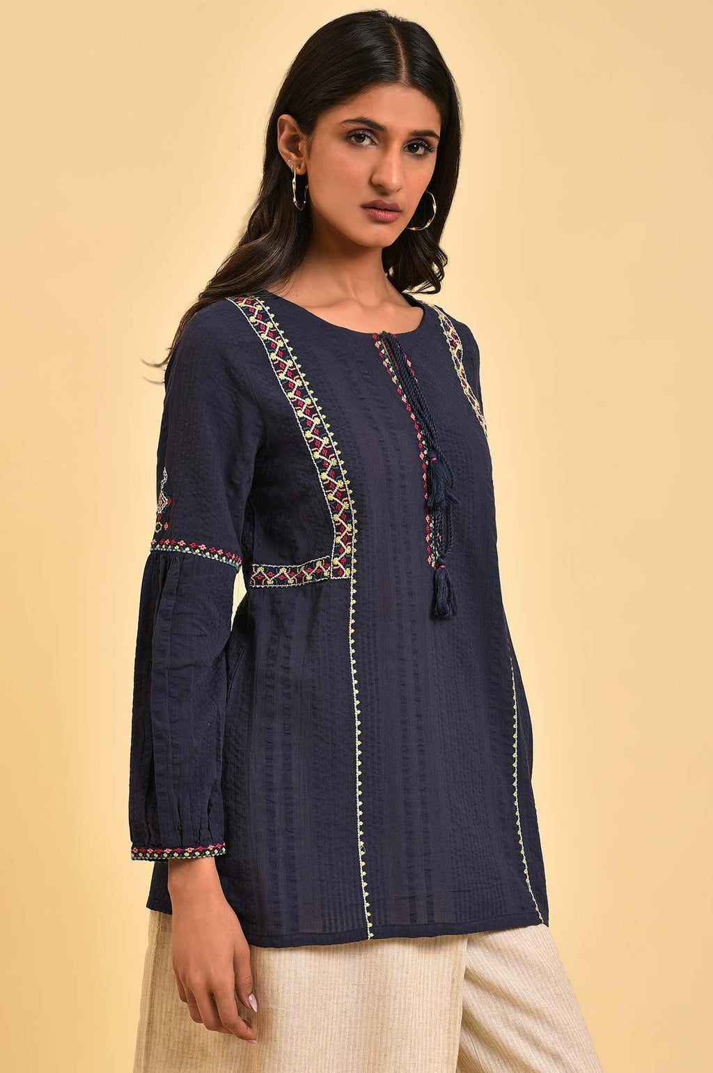 W for Woman Navy Embroidered A-Line Western Top | Grocsy