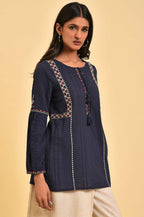 W for Woman Navy Embroidered A-Line Western Top | Grocsy