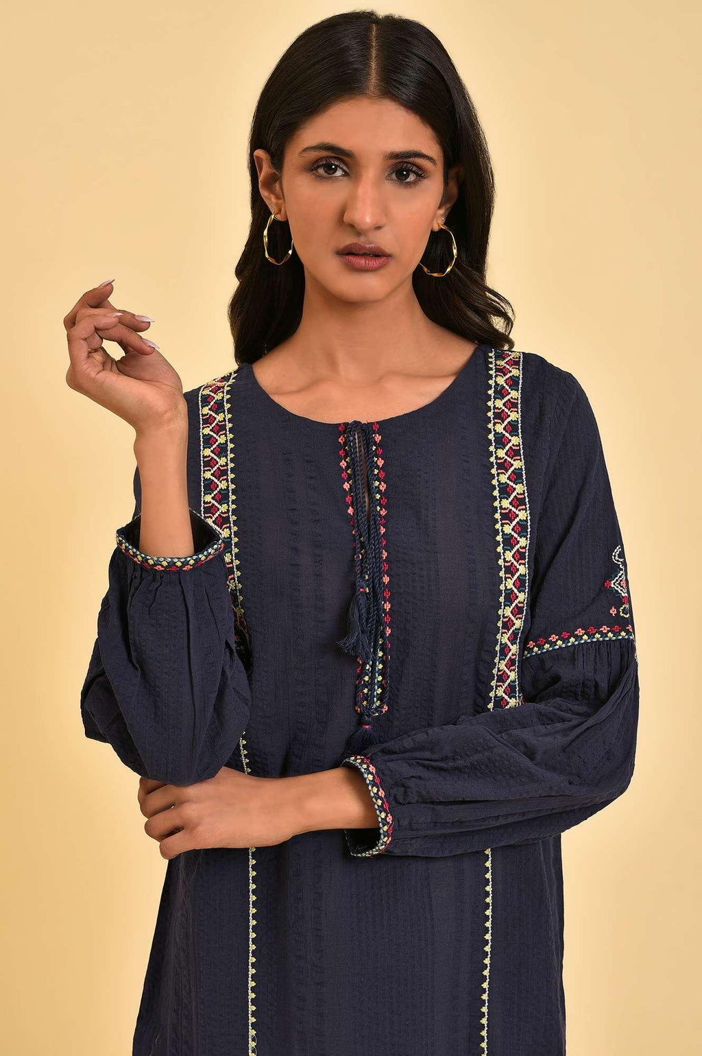 W for Woman Navy Embroidered A-Line Western Top | Grocsy