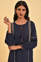 W for Woman Navy Embroidered A-Line Western Top | Grocsy