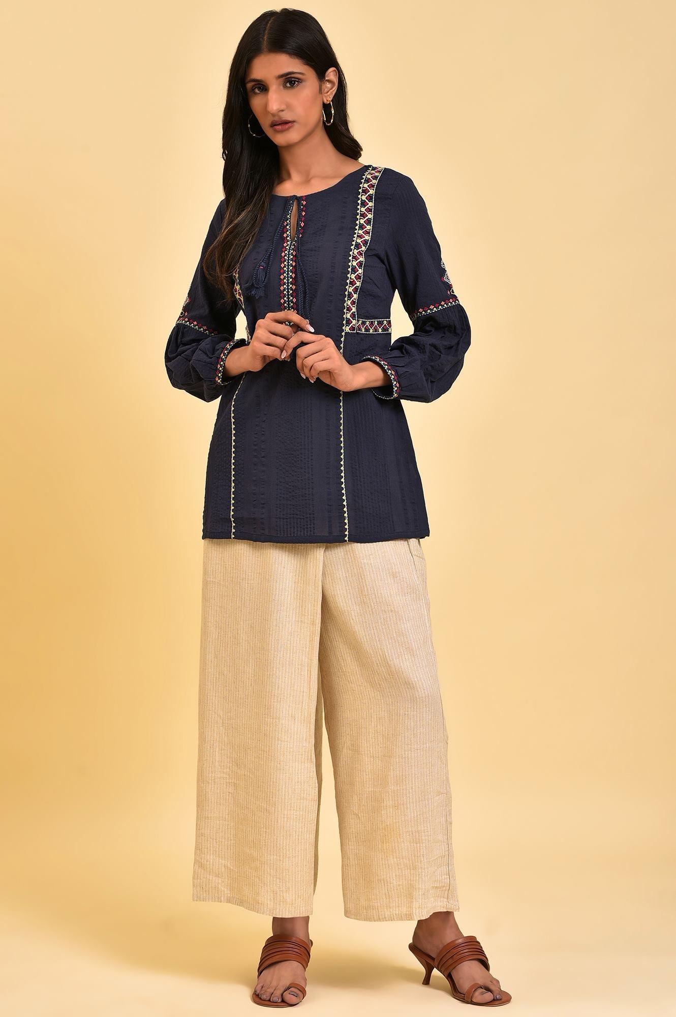 W for Woman Navy Embroidered A-Line Western Top | Grocsy