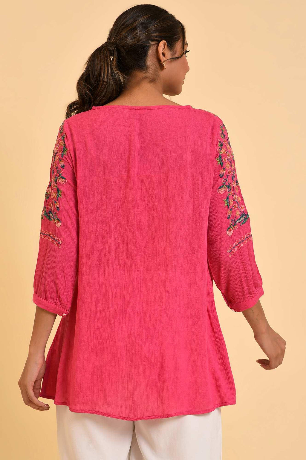 W for Woman Pink Embroidered Flared Top | Grocsy
