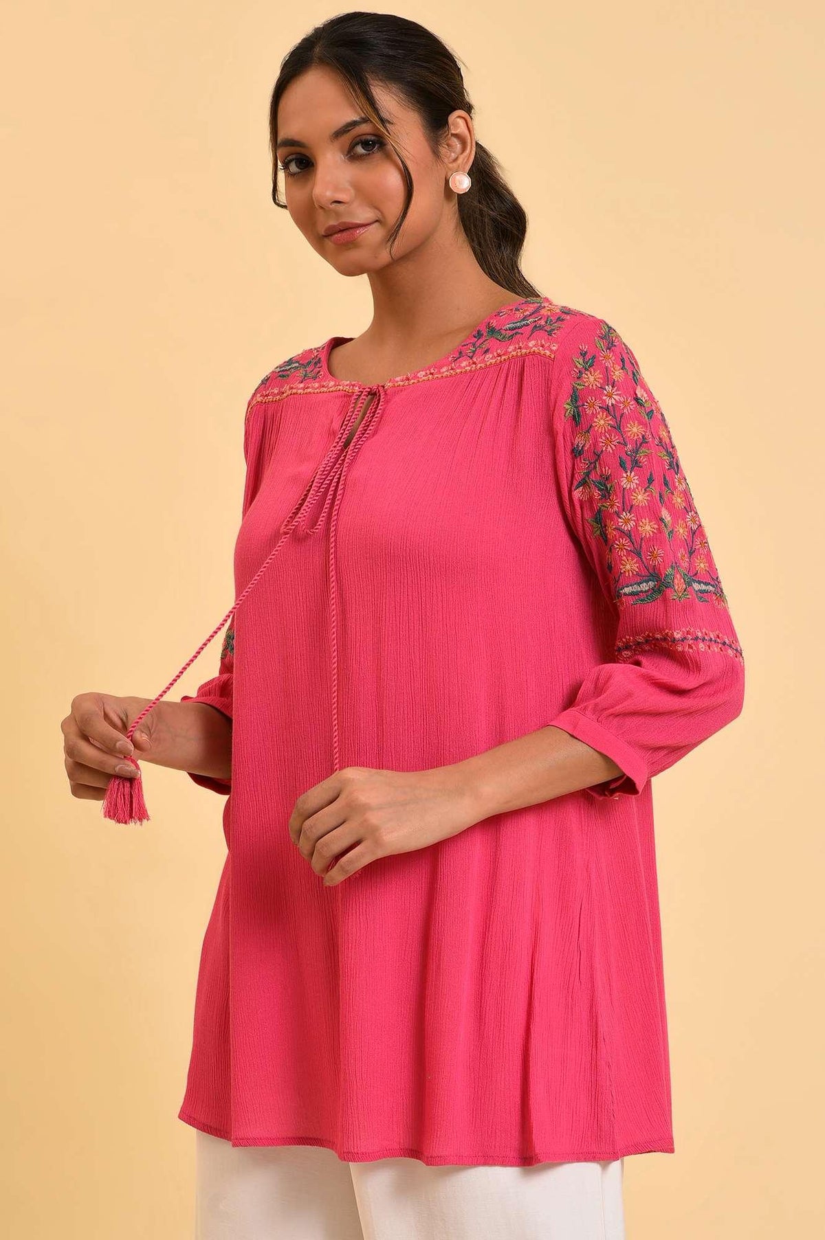 W for Woman Pink Embroidered Flared Top | Grocsy