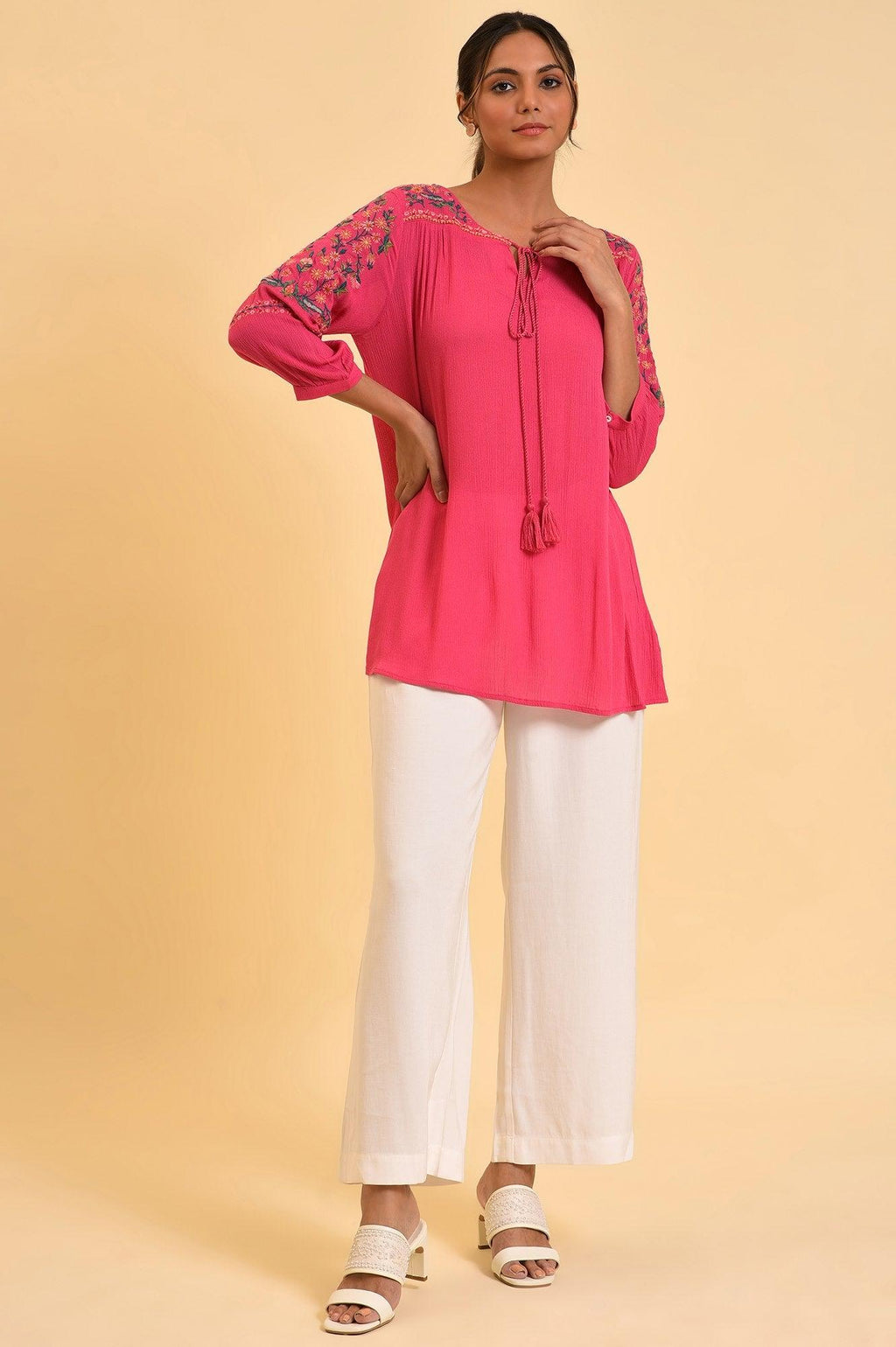 W for Woman Pink Embroidered Flared Top | Grocsy