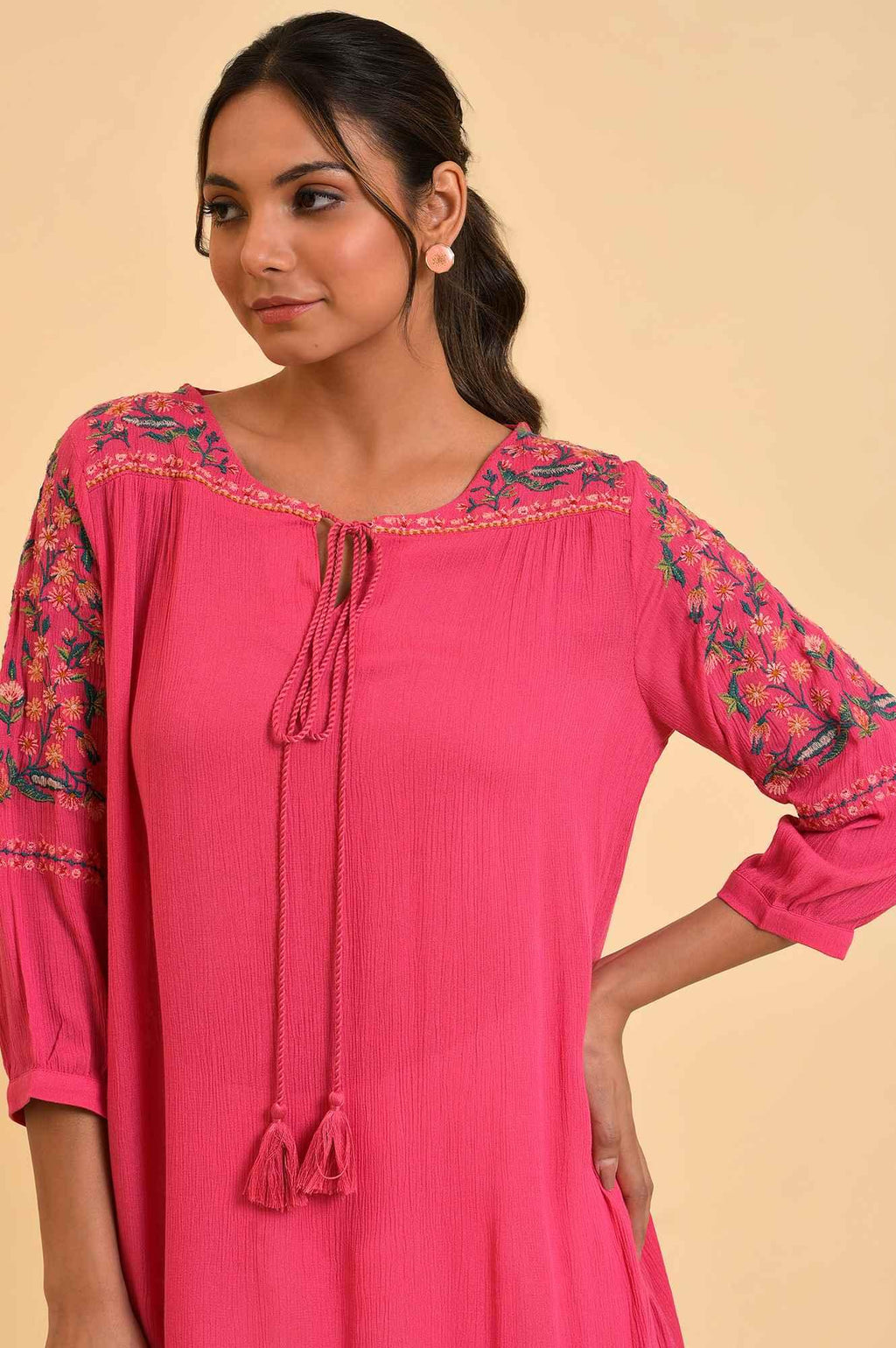 W for Woman Pink Embroidered Flared Top | Grocsy