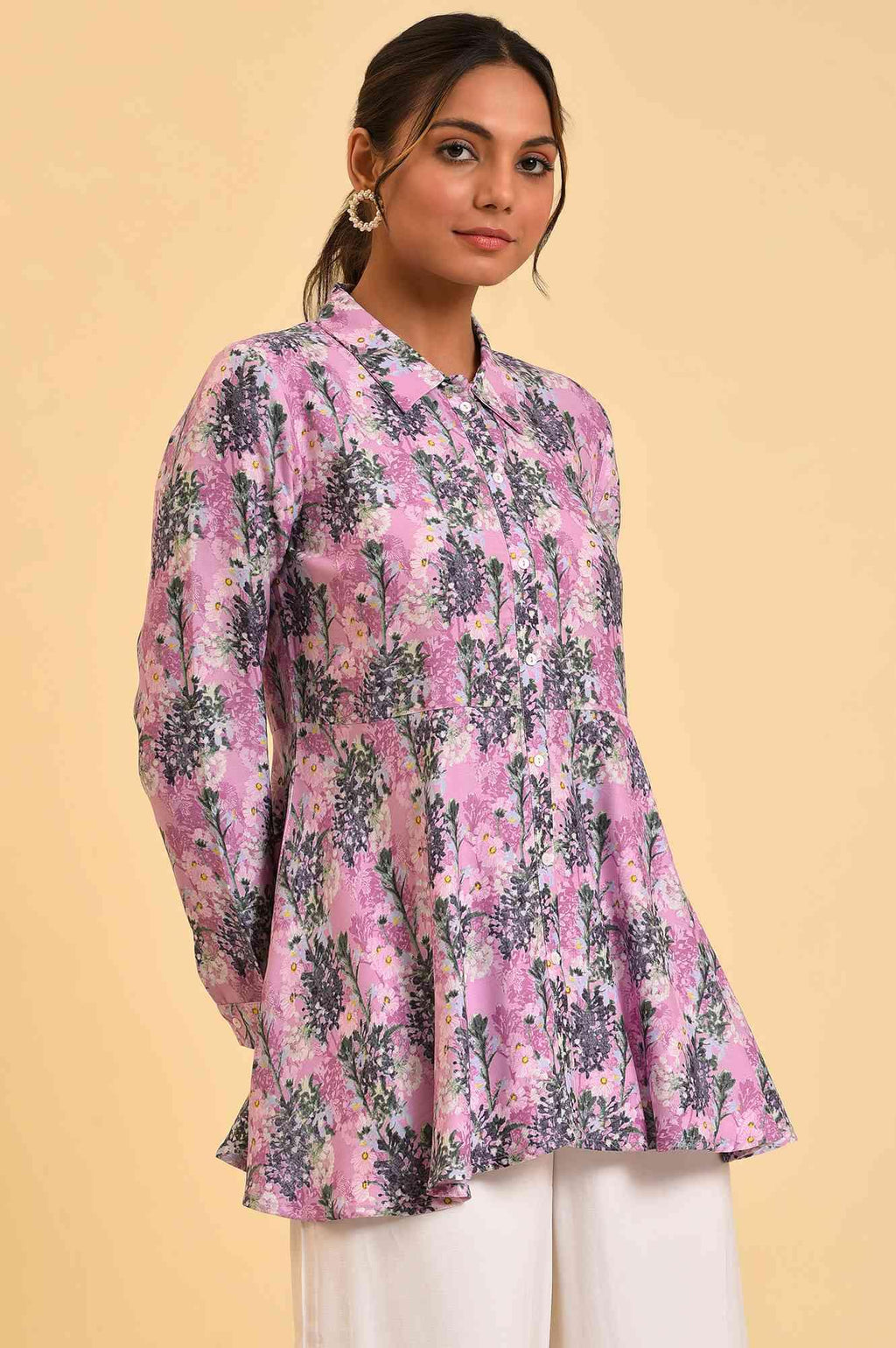 W for Woman Purple Floral Printed Flared Top | Grocsy