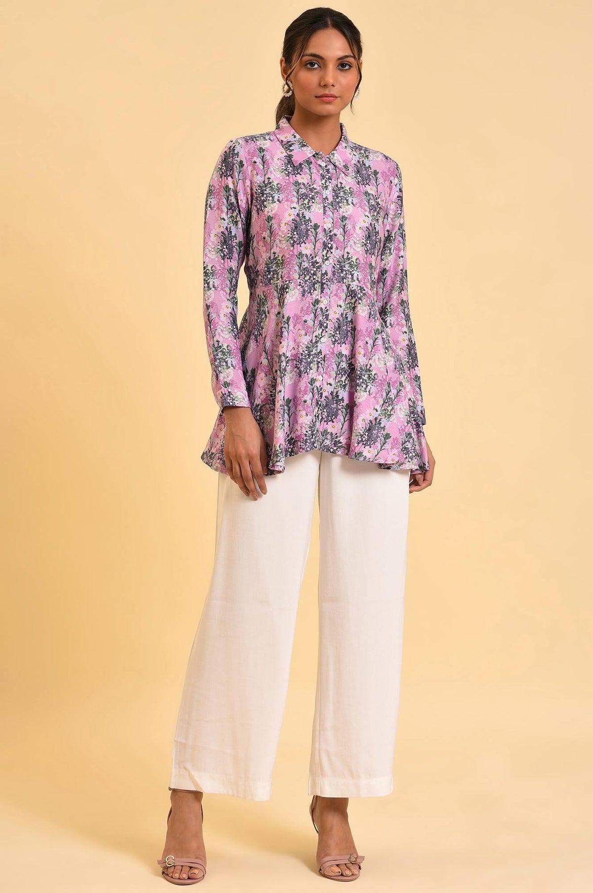 W for Woman Purple Floral Printed Flared Top | Grocsy