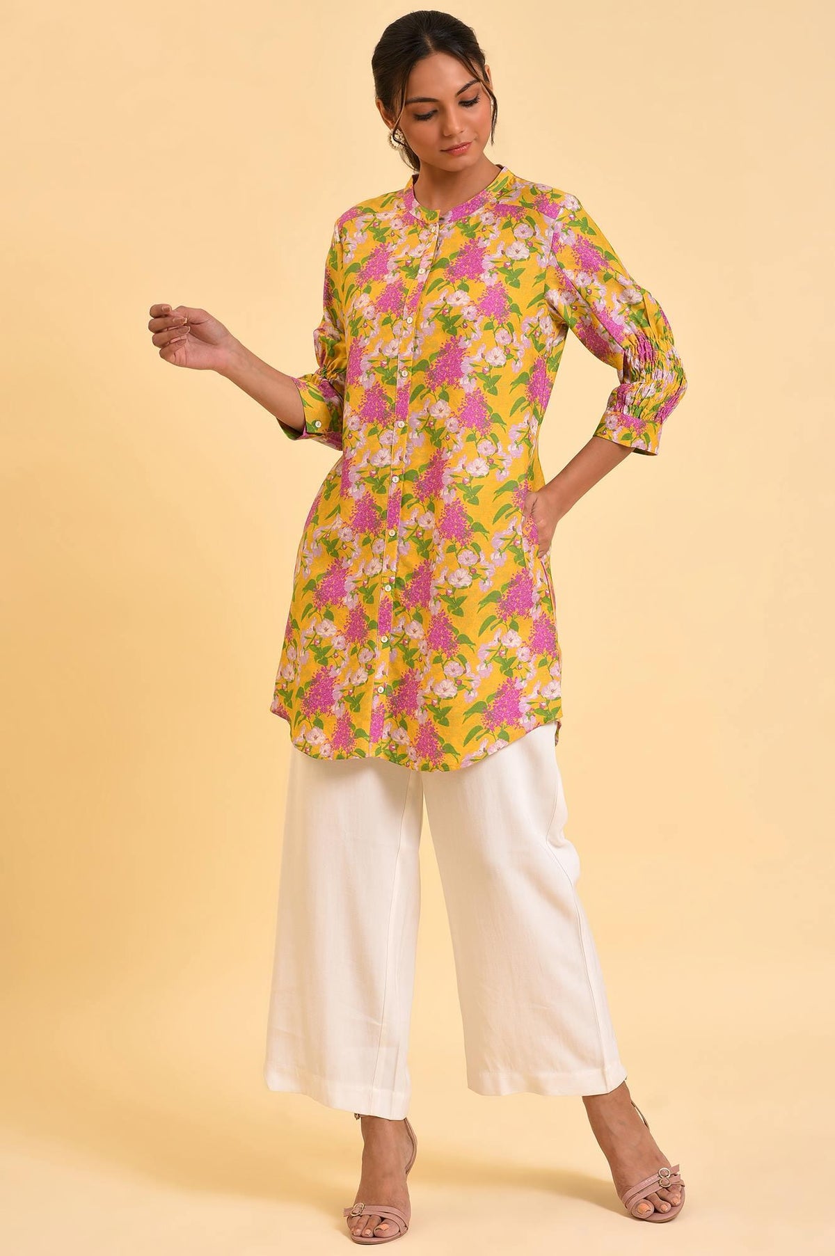 W for Woman Yellow Floral Printed Button Down Tunic | Grocsy