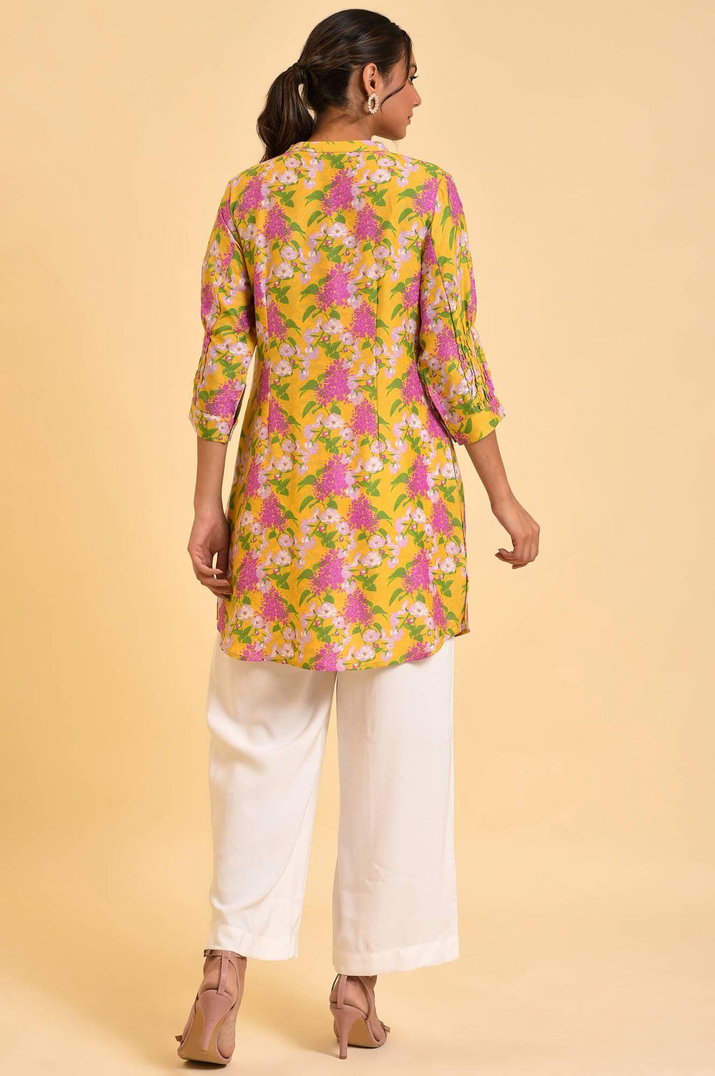 W for Woman Yellow Floral Printed Button Down Tunic | Grocsy