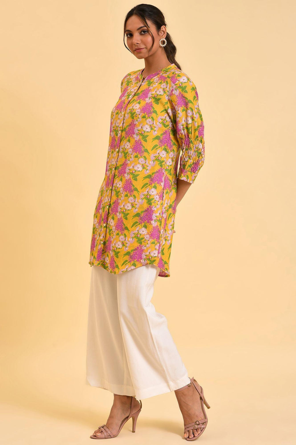 W for Woman Yellow Floral Printed Button Down Tunic | Grocsy