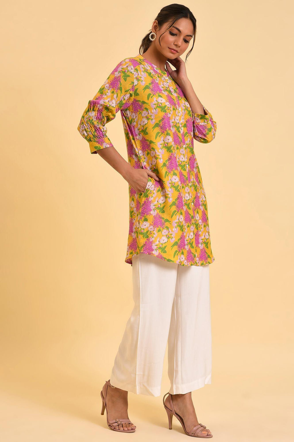 W for Woman Yellow Floral Printed Button Down Tunic | Grocsy