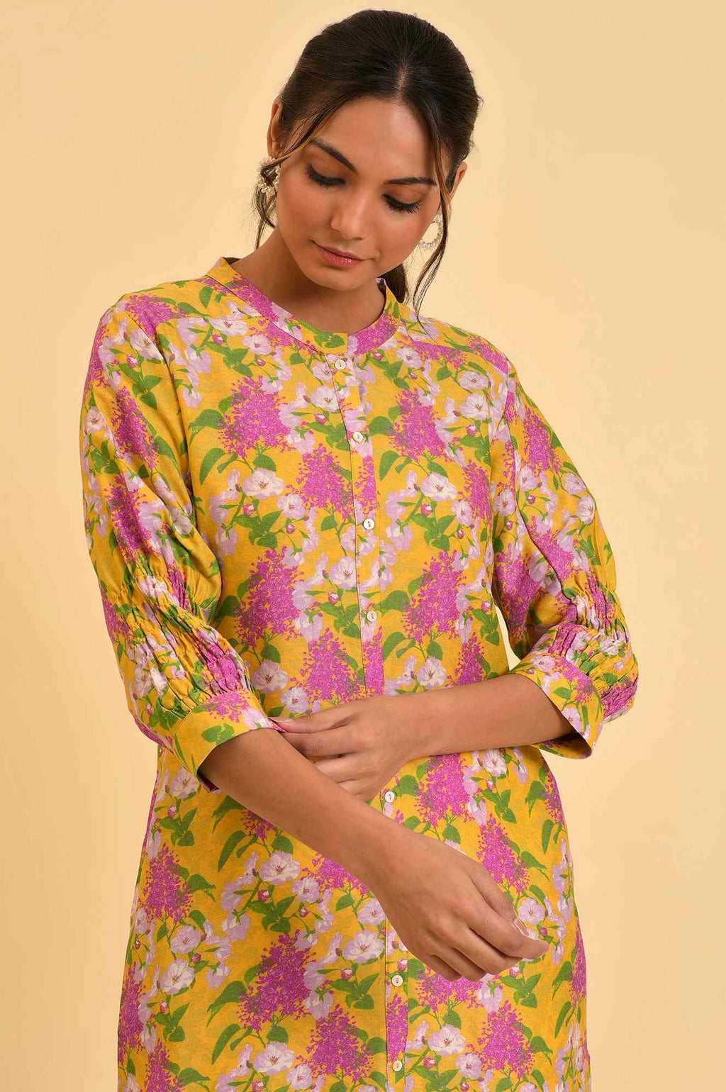 W for Woman Yellow Floral Printed Button Down Tunic | Grocsy