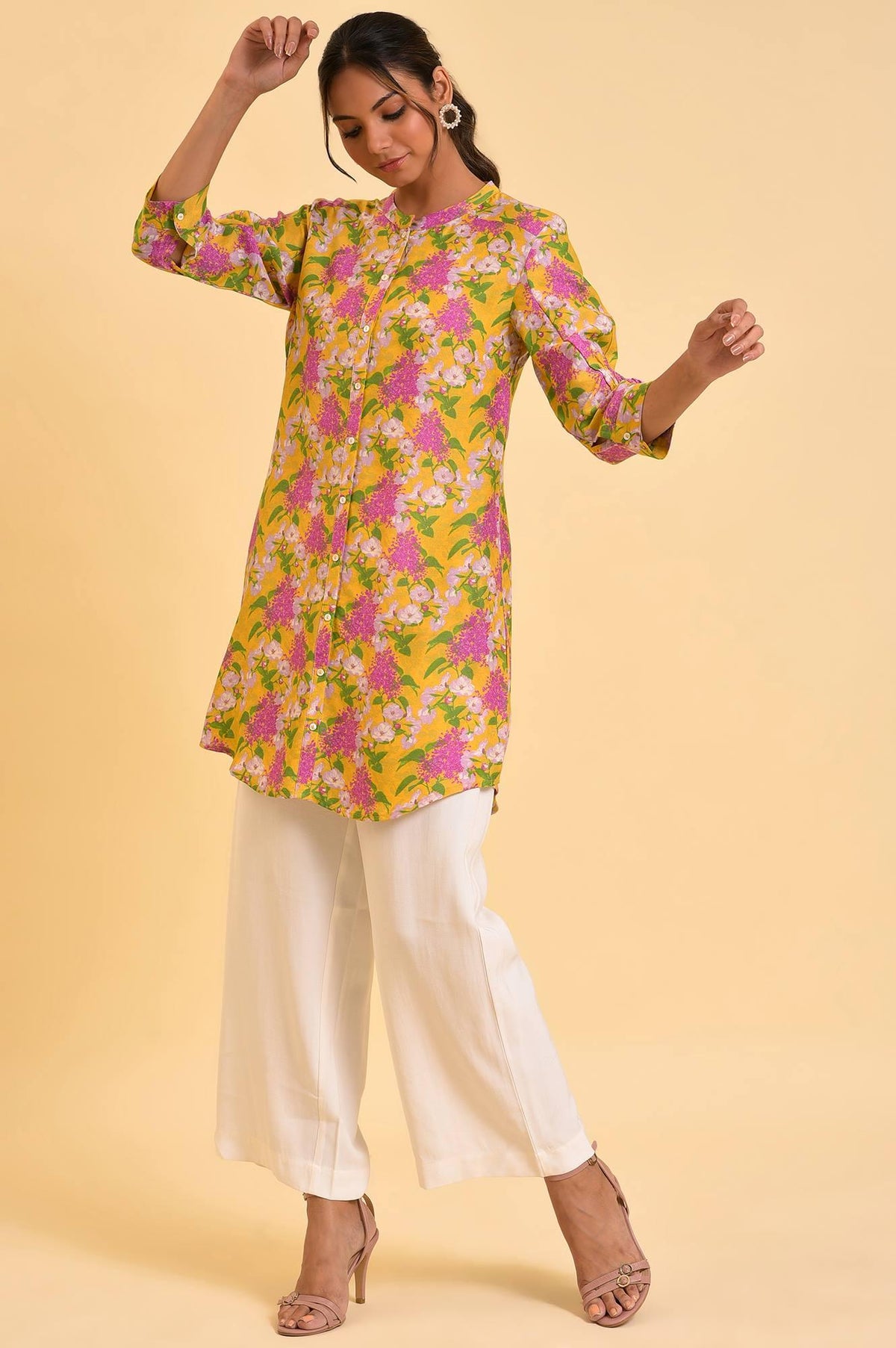 W for Woman Yellow Floral Printed Button Down Tunic | Grocsy