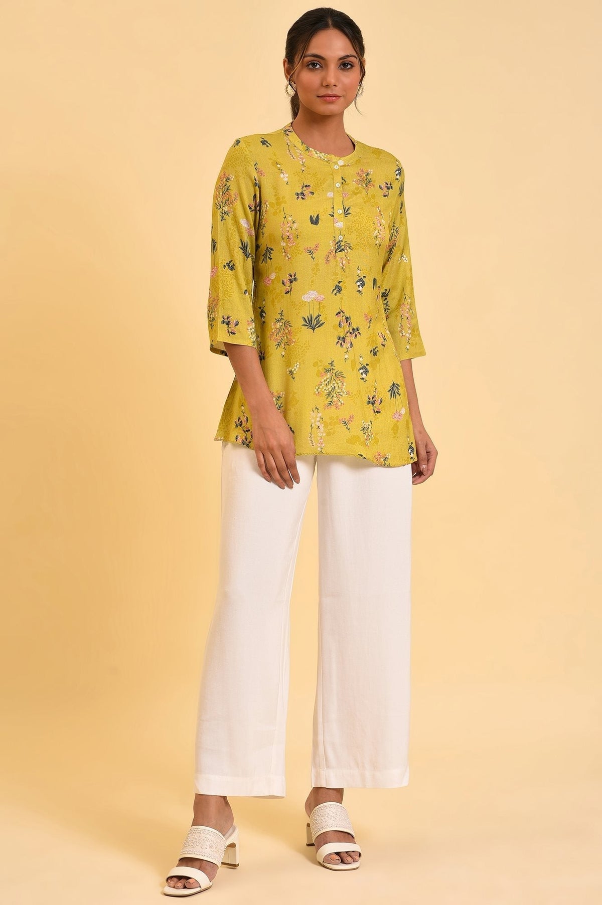 W for Woman Yellow Floral Straight Top | Grocsy