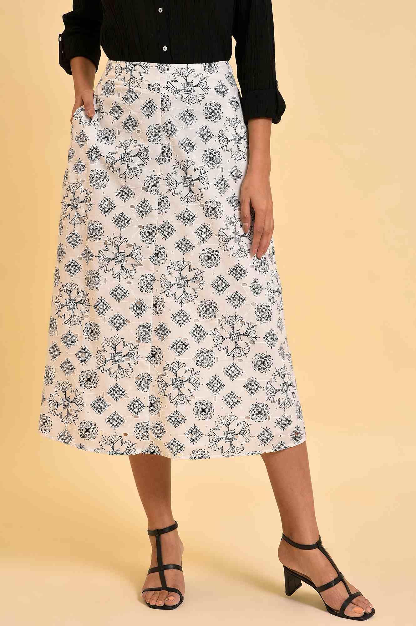W for Woman Ecru Printed Schiffli Skirt | Grocsy