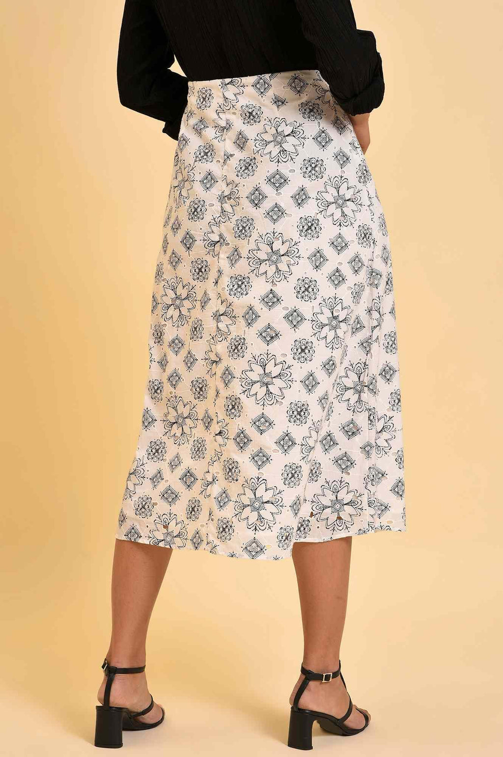 W for Woman Ecru Printed Schiffli Skirt | Grocsy