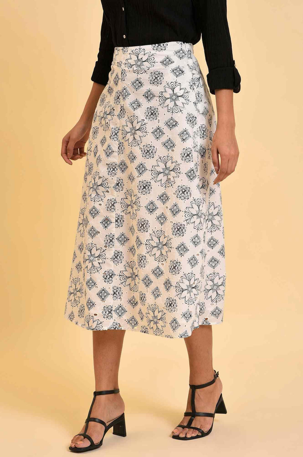 W for Woman Ecru Printed Schiffli Skirt | Grocsy