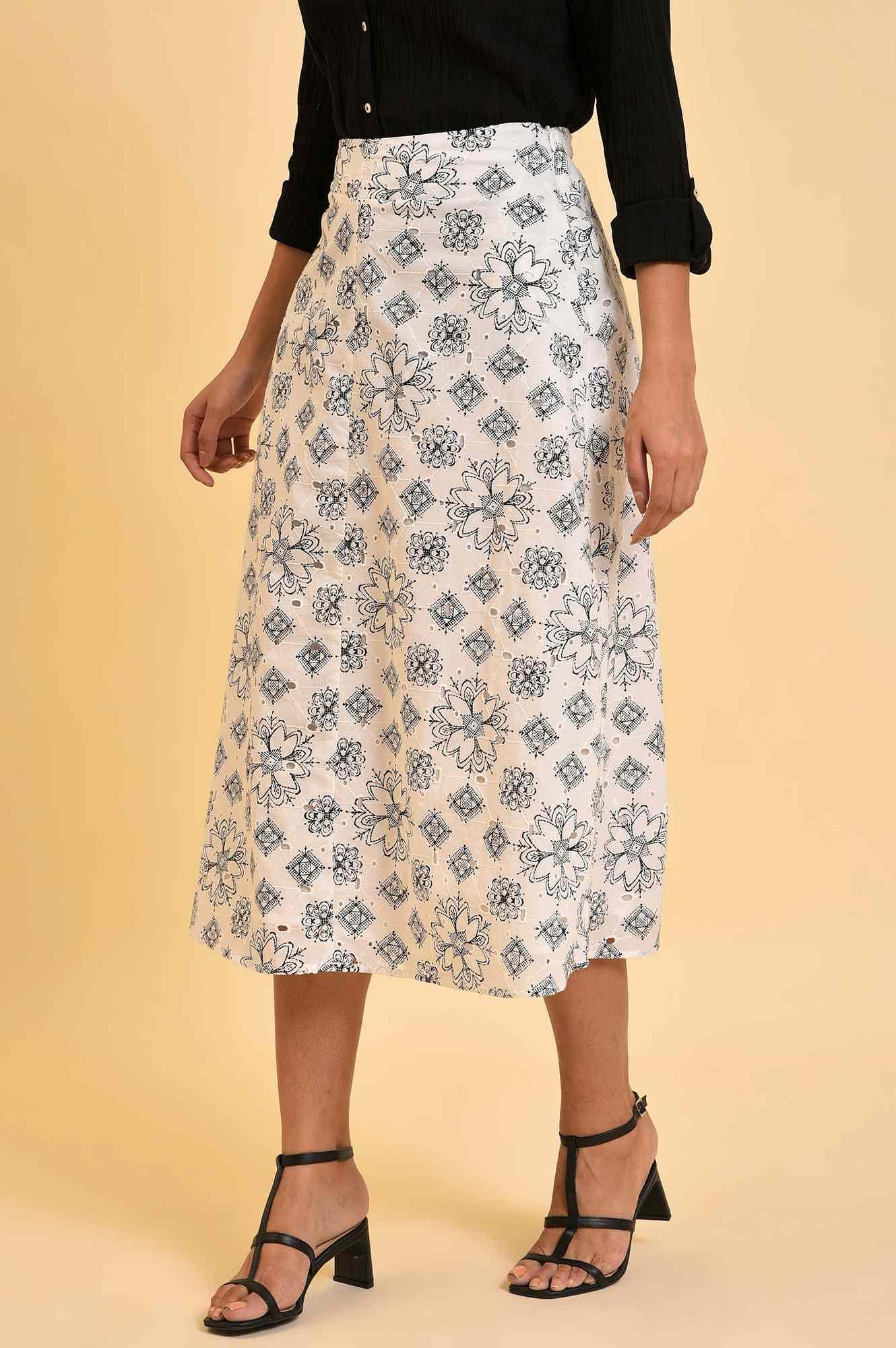 W for Woman Ecru Printed Schiffli Skirt | Grocsy