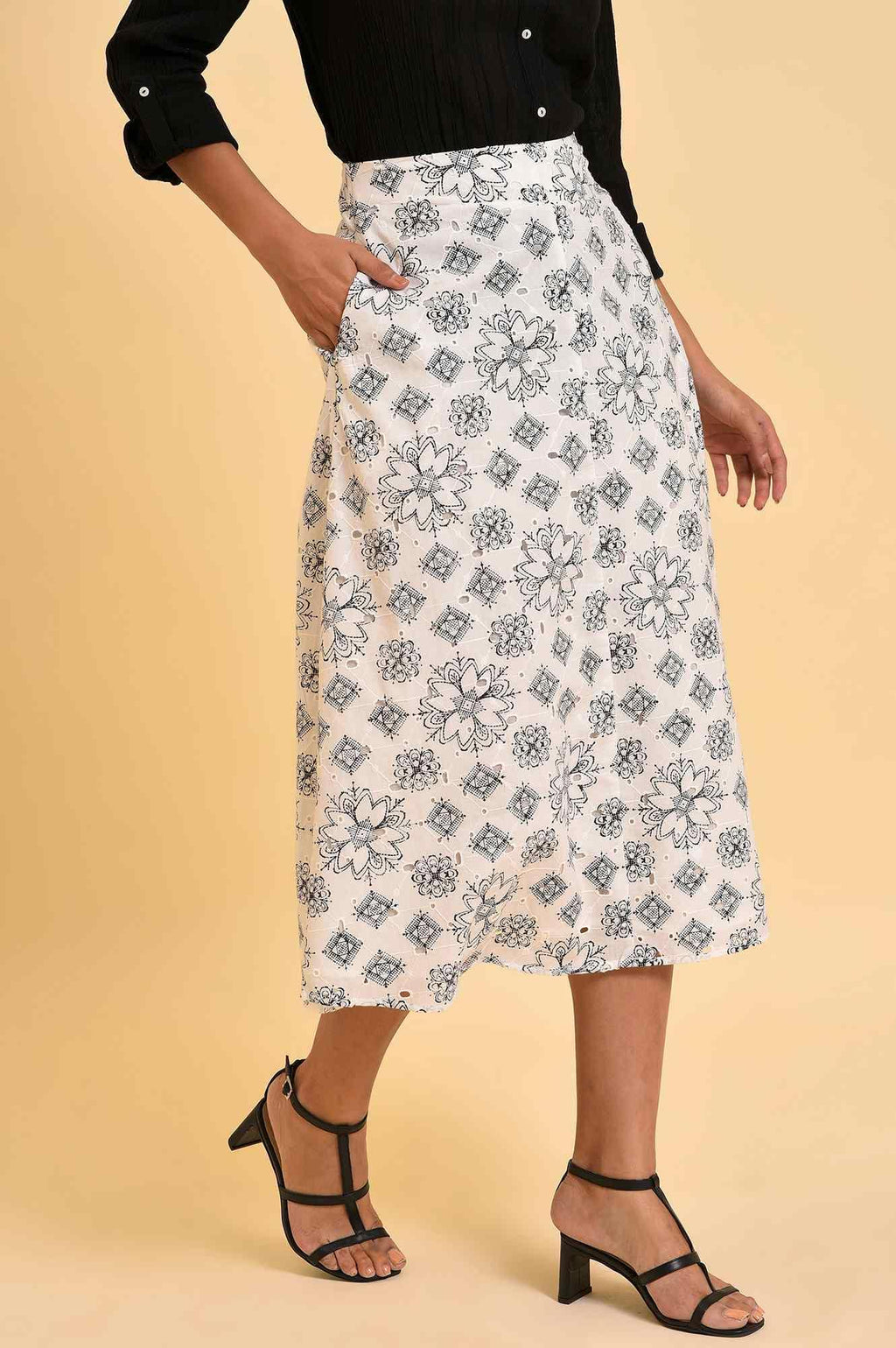 W for Woman Ecru Printed Schiffli Skirt | Grocsy