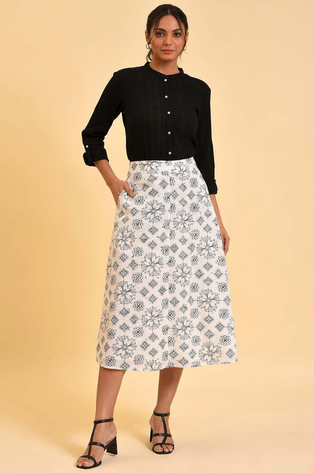 W for Woman Ecru Printed Schiffli Skirt | Grocsy