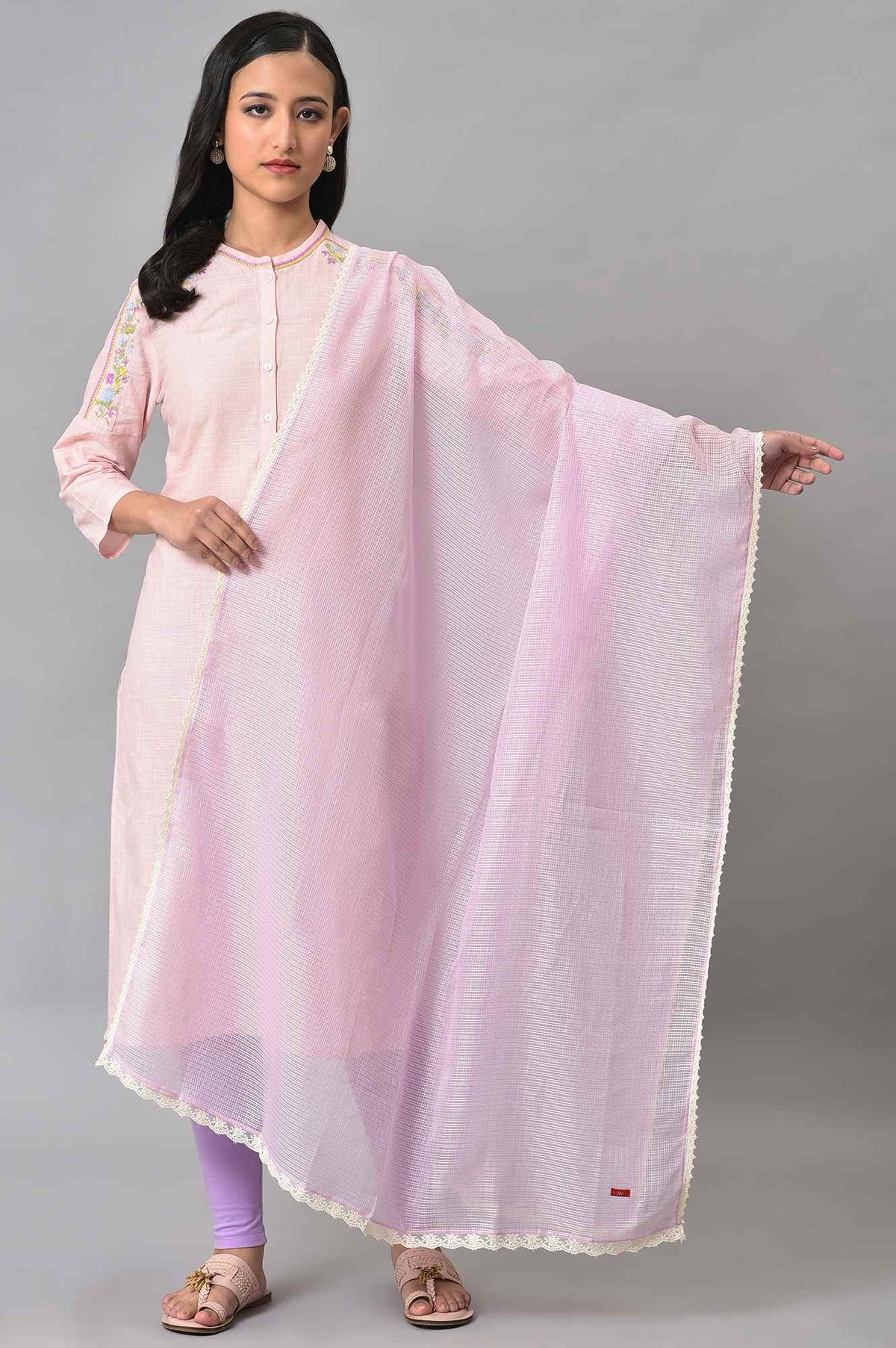 W for Woman Lilac Kota Dupatta Wit Lace Border | Grocsy
