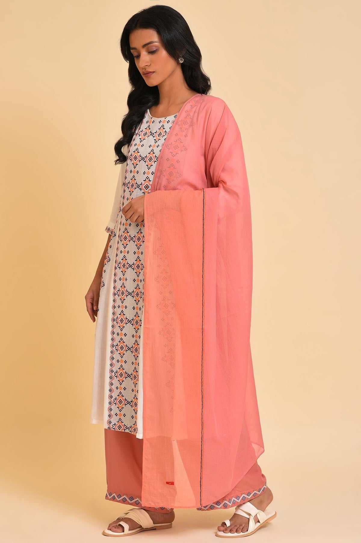 W for Woman Orange And Pink Colour Block Dupatta | Grocsy
