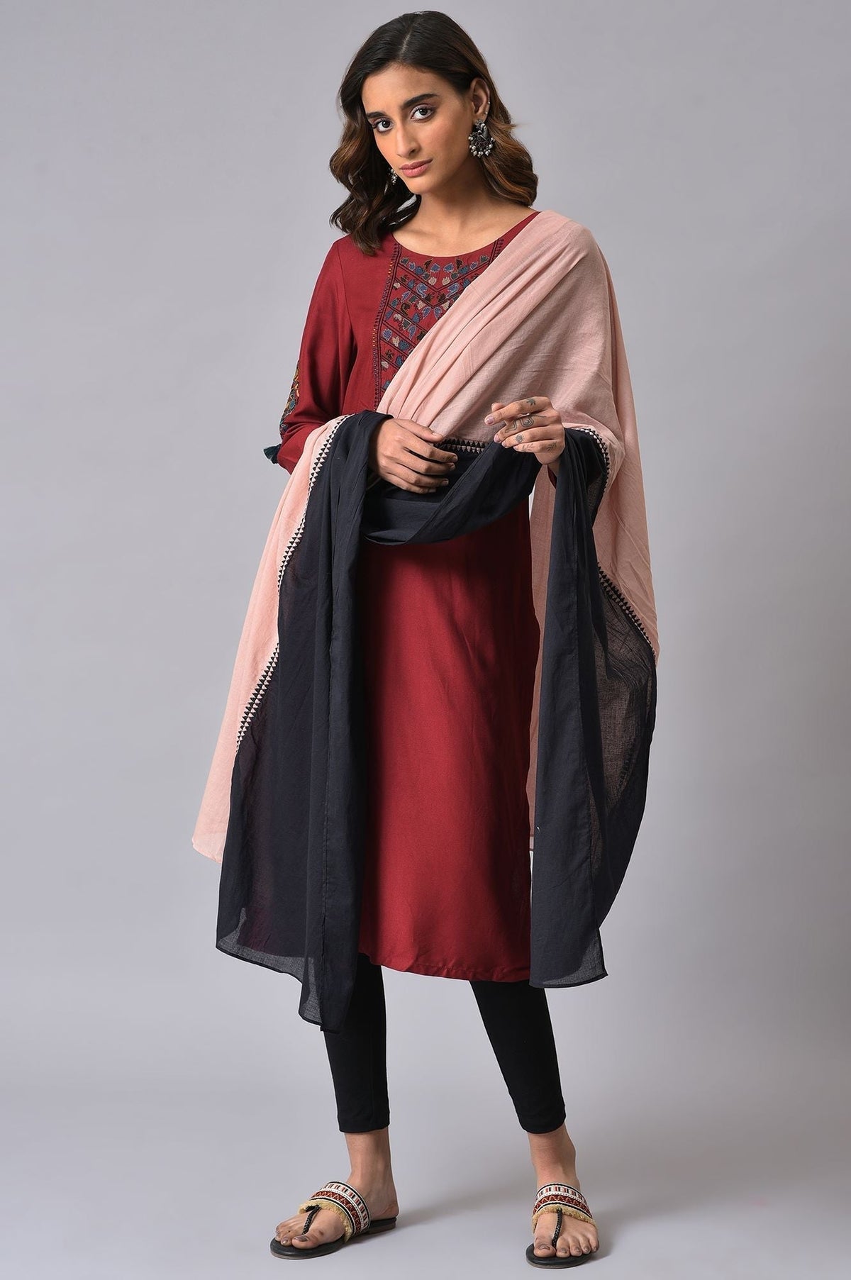 W for Woman Pink & Black Colourblock Voile Dupatta | Grocsy