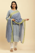 W for Woman Celery Green And Blue Colour Block Dupatta | Grocsy