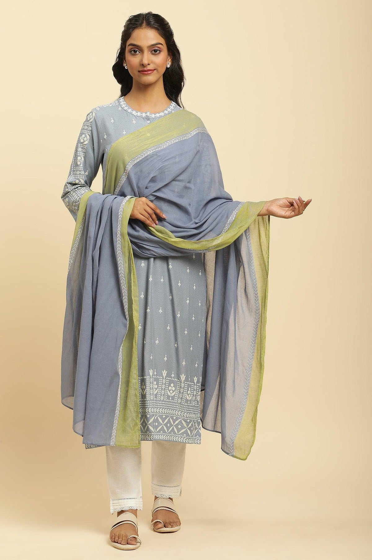 W for Woman Celery Green And Blue Colour Block Dupatta | Grocsy