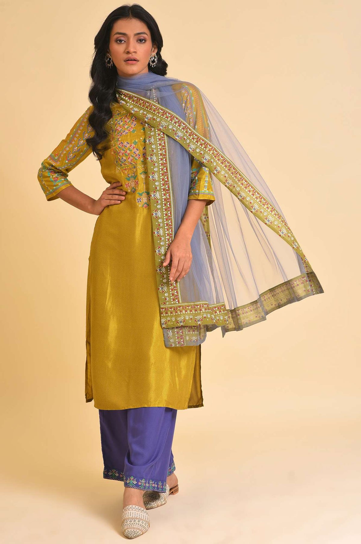 W for Woman Blue Net Dupatta With Printed Border | Grocsy