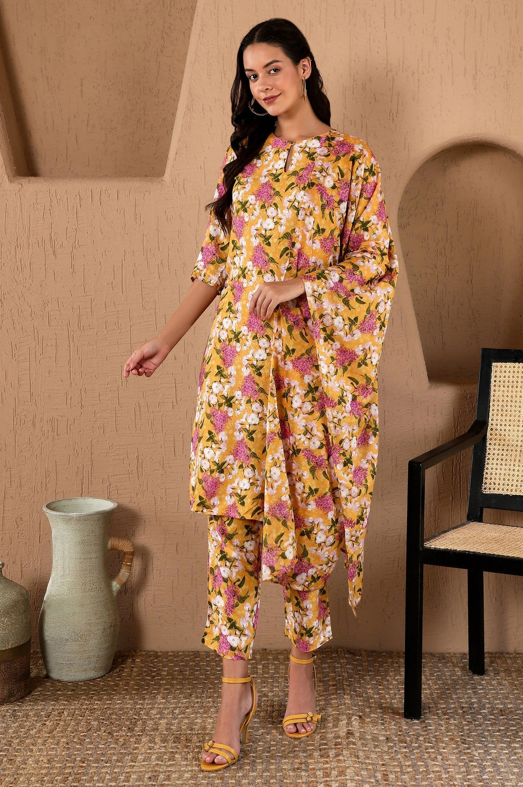 W for Woman Yellow Floral Printed Kurta, Pants and Dupatta Set | Grocsy