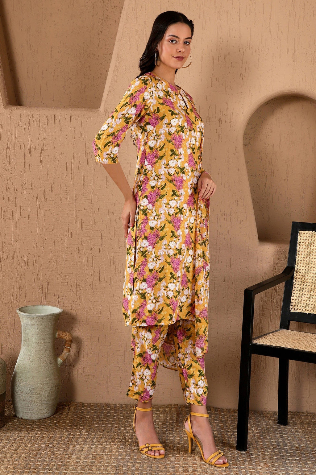 W for Woman Yellow Floral Printed Kurta, Pants and Dupatta Set | Grocsy