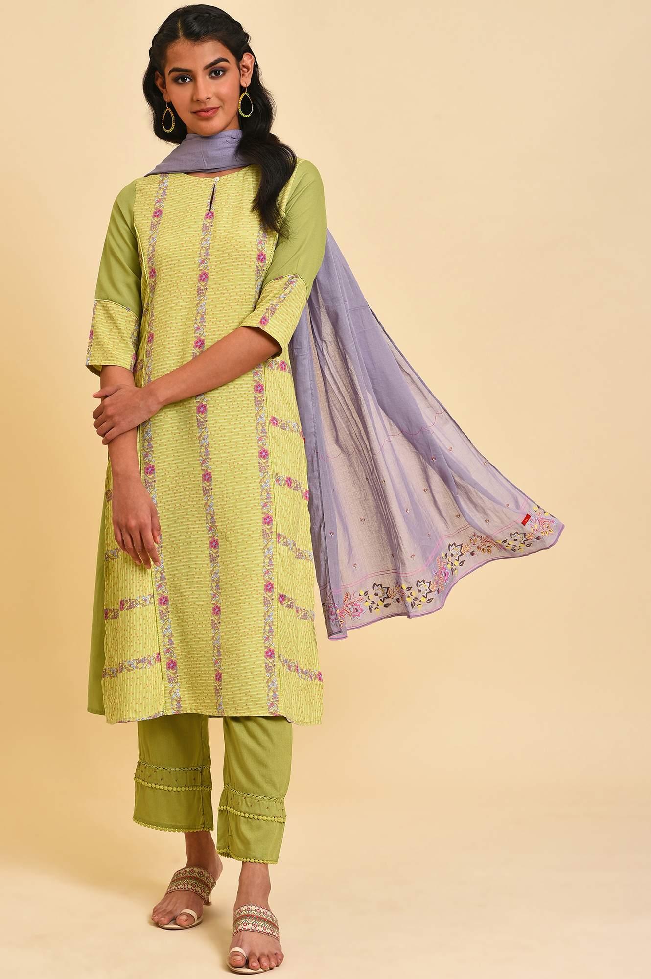 W for Woman Green Floral Printed kurta Set | Grocsy