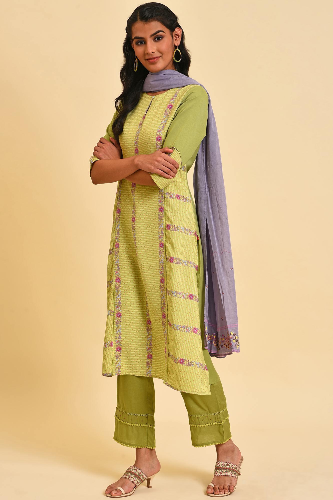 W for Woman Green Floral Printed kurta Set | Grocsy