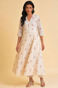 W for Woman Ecru Glitter Printed Angrakha kurta & Pants Set | Grocsy