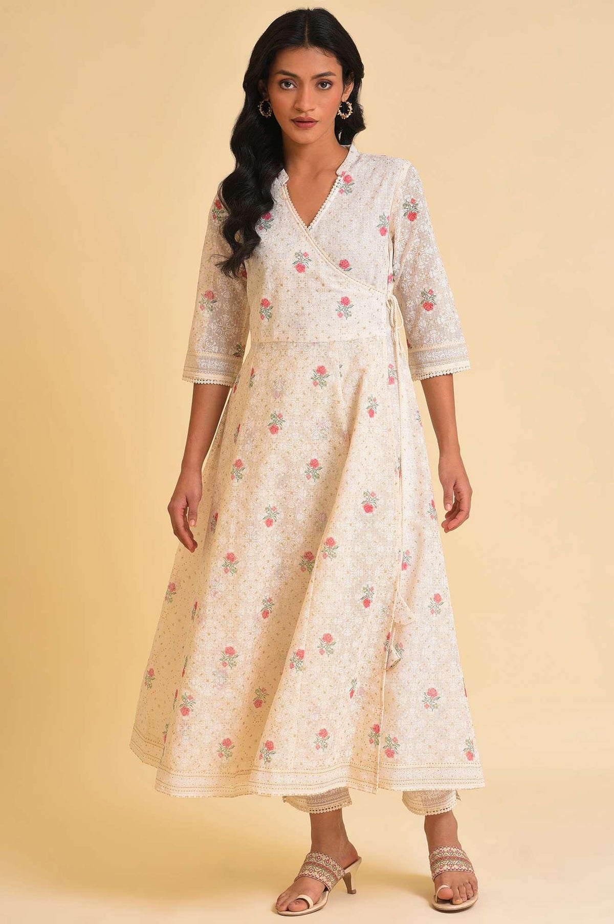 W for Woman Ecru Glitter Printed Angrakha kurta & Pants Set | Grocsy