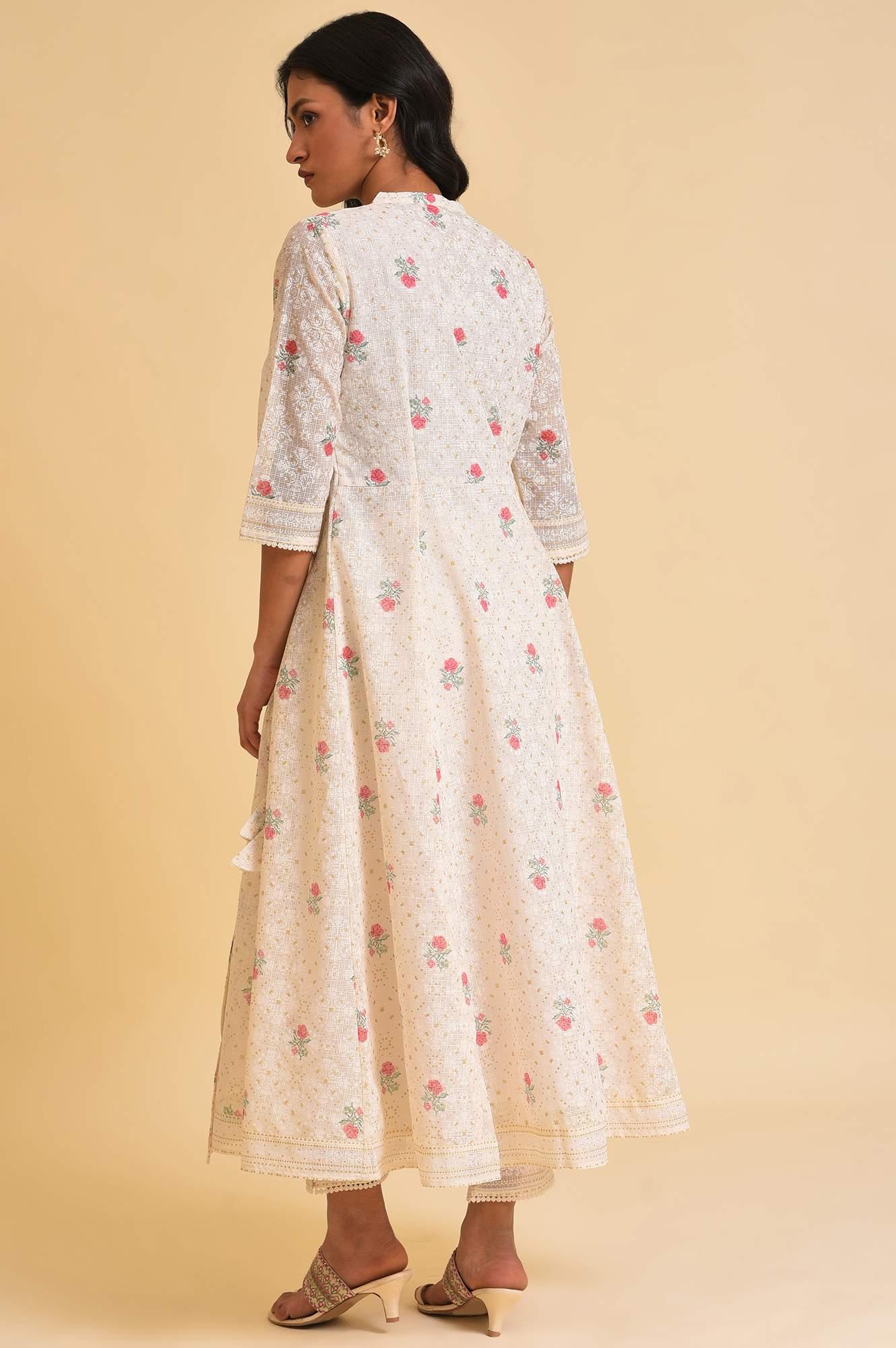 W for Woman Ecru Glitter Printed Angrakha kurta & Pants Set | Grocsy