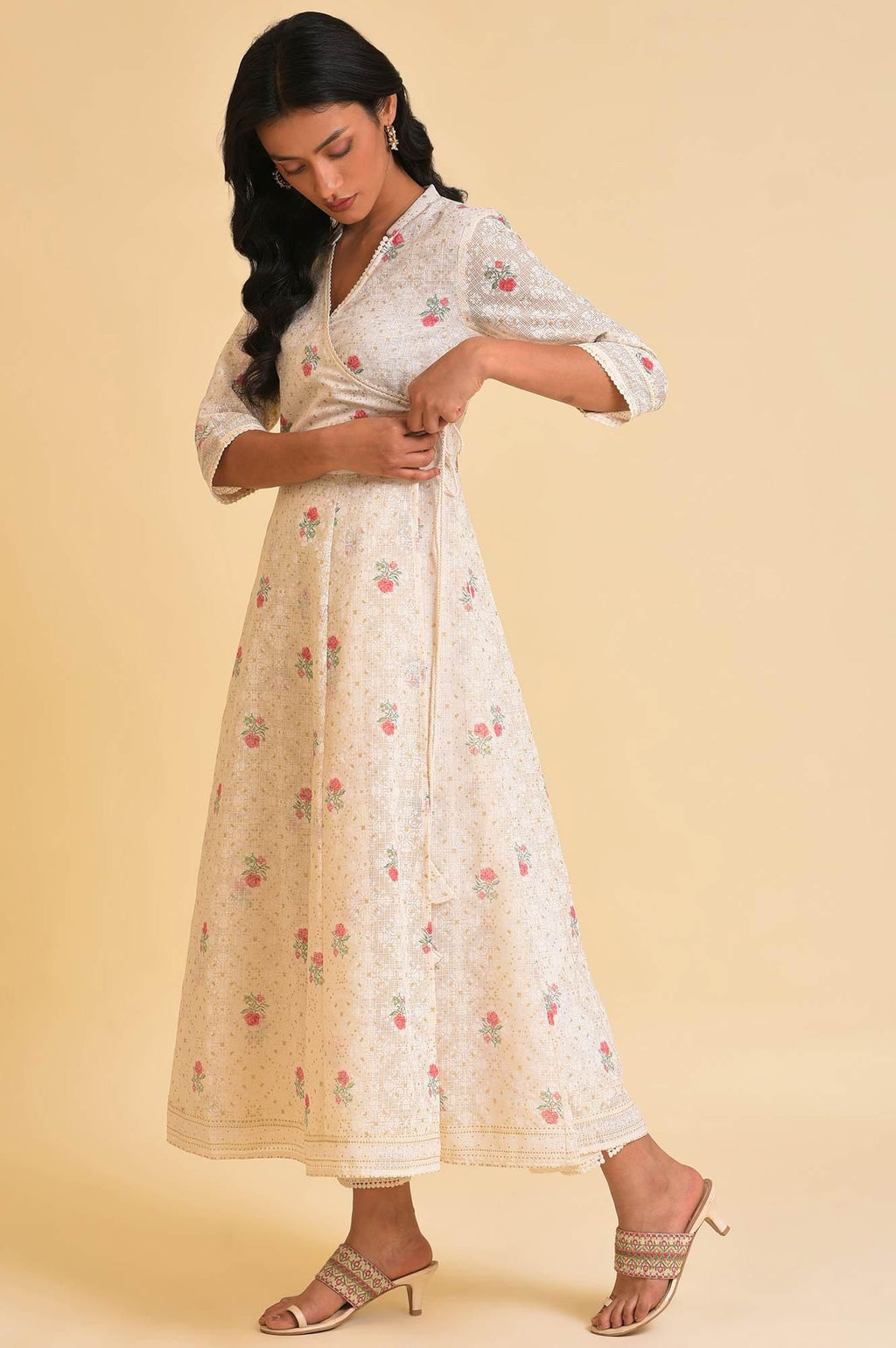 W for Woman Ecru Glitter Printed Angrakha kurta & Pants Set | Grocsy