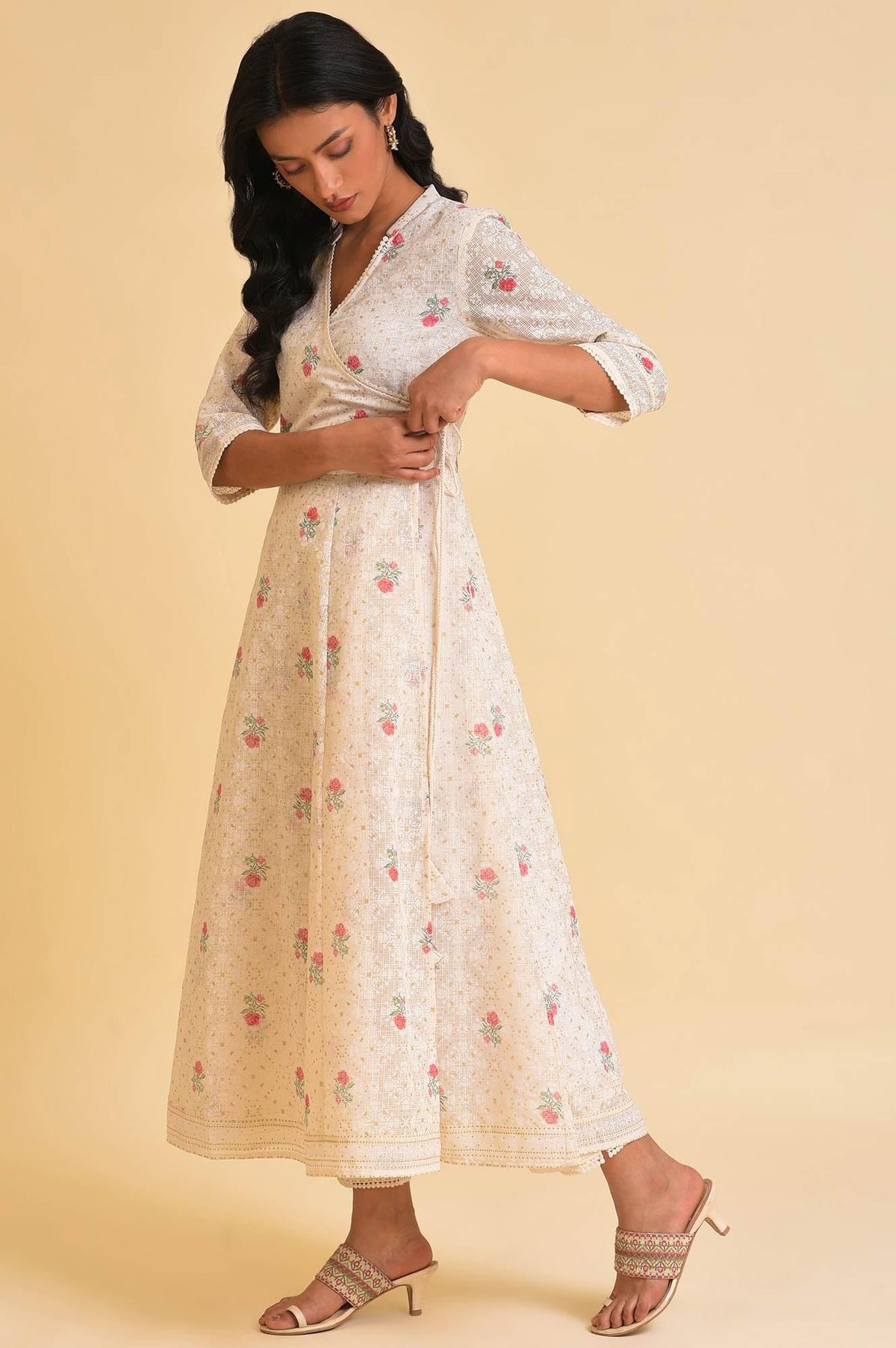 W for Woman Ecru Glitter Printed Angrakha kurta & Pants Set | Grocsy