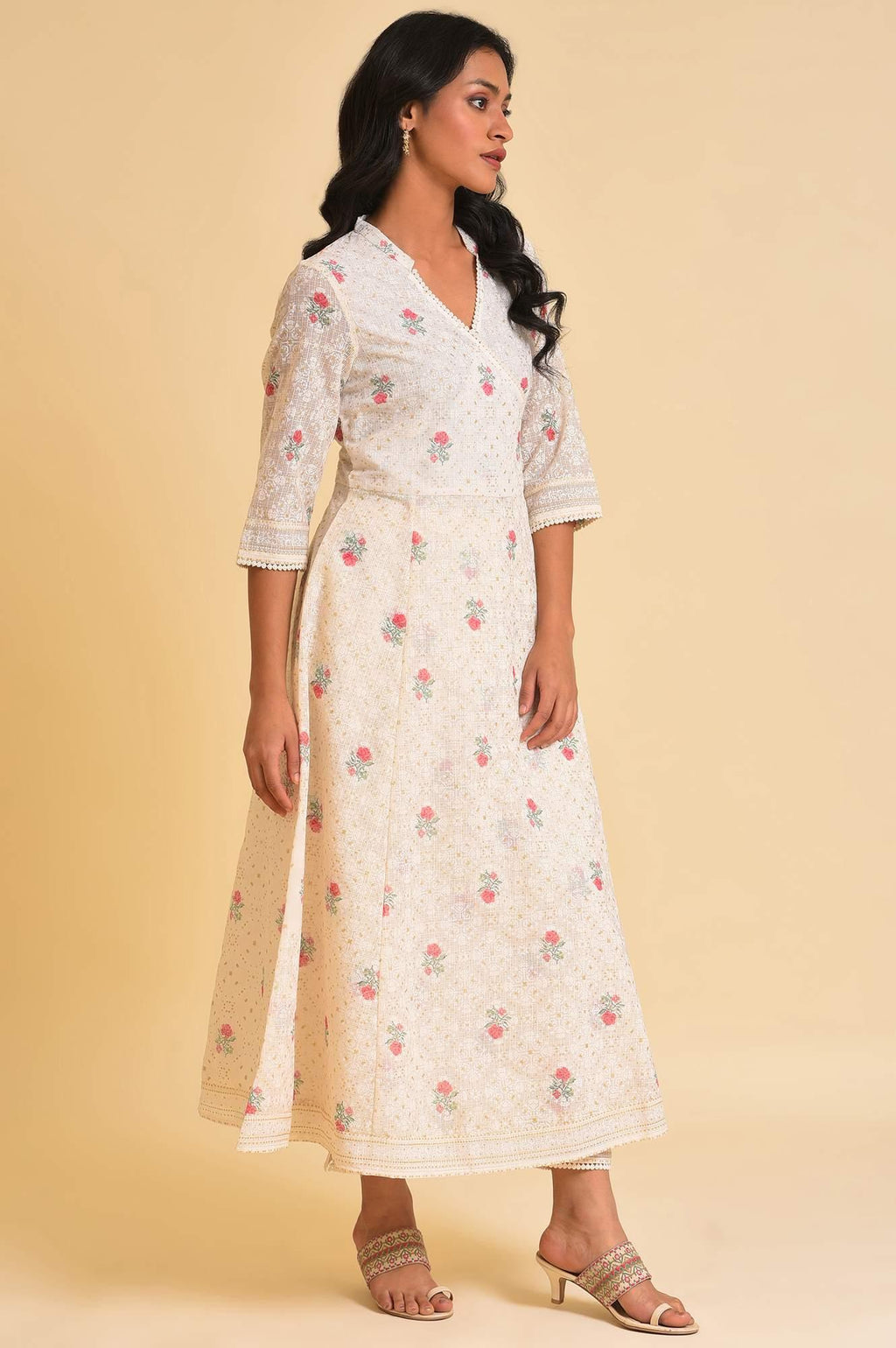W for Woman Ecru Glitter Printed Angrakha kurta & Pants Set | Grocsy