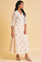 W for Woman Ecru Glitter Printed Angrakha kurta & Pants Set | Grocsy
