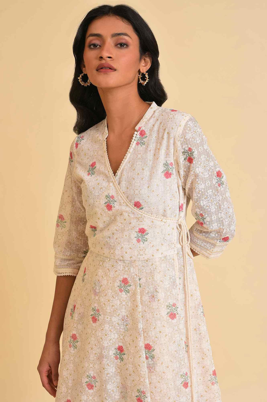 W for Woman Ecru Glitter Printed Angrakha kurta & Pants Set | Grocsy