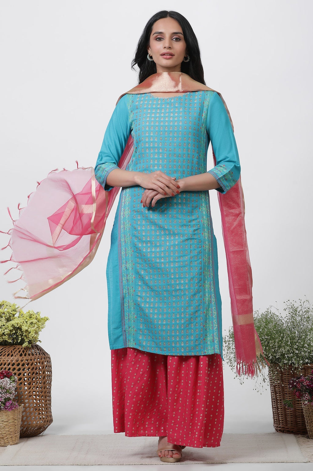 W for Woman Blue Dobby Kurta, Sharara And Dupatta Set | Grocsy