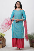 W for Woman Blue Dobby Kurta, Sharara And Dupatta Set | Grocsy