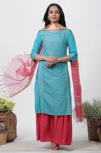 W for Woman Blue Dobby Kurta, Sharara And Dupatta Set | Grocsy